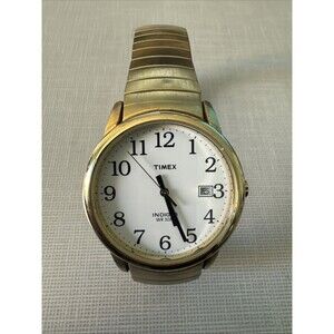 Timex Indiglo Mens Wrist Watch WR 30M Gold Tone Stretch Band Day Date Works